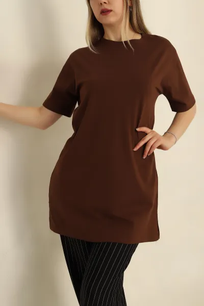 Kahverengi Bisiklet Yaka Oversize Tişört 260958