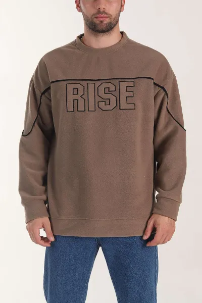 Kahverengi Bisiklet Yaka Polar Kumaş Yazı Detaylı Erkek Sweatshirt 404255