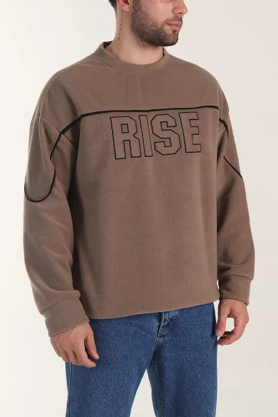 Kahverengi Bisiklet Yaka Polar Kumaş Yazı Detaylı Erkek Sweatshirt 404255