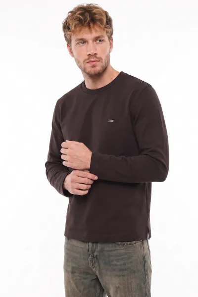 Kahverengi Bisiklet Yaka Sırt Detay Erkek Sweatshirt 492026