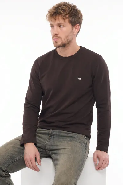 Kahverengi Bisiklet Yaka Sırt Detay Erkek Sweatshirt 492026