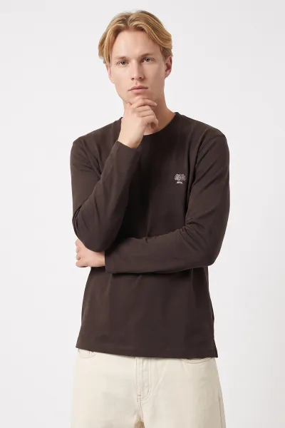 Kahverengi Bisiklet Yaka Sırt Nakış Detaylı Erkek Sweatshirt 491993