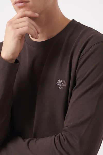 Kahverengi Bisiklet Yaka Sırt Nakış Detaylı Erkek Sweatshirt 491993