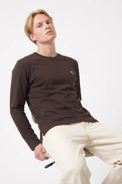 Kahverengi Bisiklet Yaka Sırt Nakış Detaylı Erkek Sweatshirt 491993
