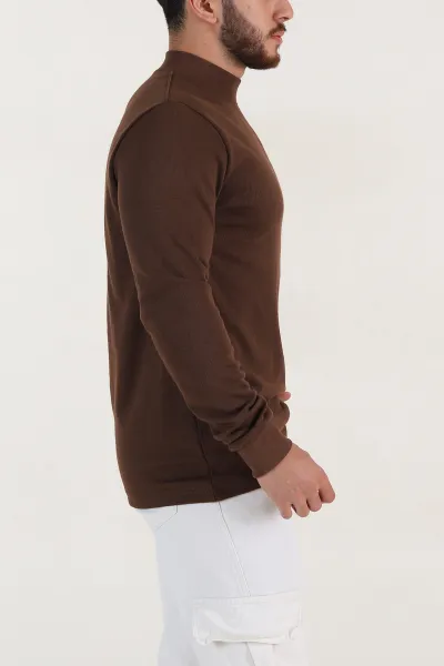 Kahverengi Regular Fit Yarım Balıkçı Yaka Uzun Kollu Erkek Sweatshirt 397043