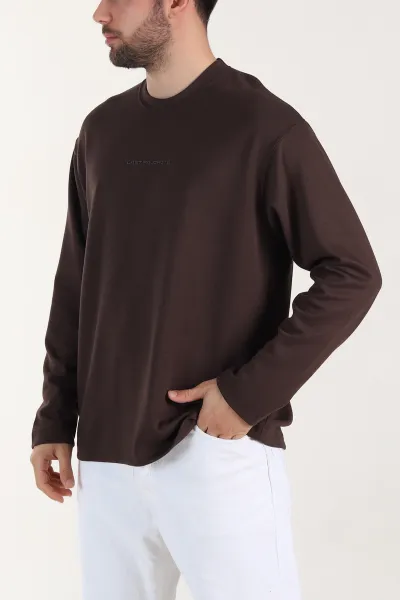Kahverengi Bisiklet Yaka Yazı Detaylı Erkek Sweatshirt 409095