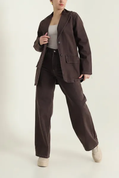 Kahverengi Blazer Ceket Pantolon Kadın Kot İkili Takım 436010