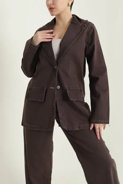 Kahverengi Blazer Ceket Pantolon Kadın Kot İkili Takım 436010