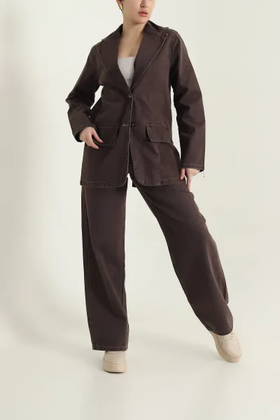 Kahverengi Blazer Ceket Pantolon Kadın Kot İkili Takım 436010