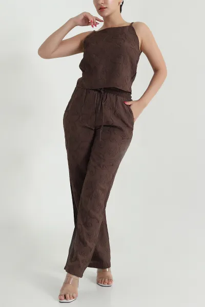 Kahverengi Bluz Pantolon Çilek Kumaş Nakışlı İkili Takım 474357