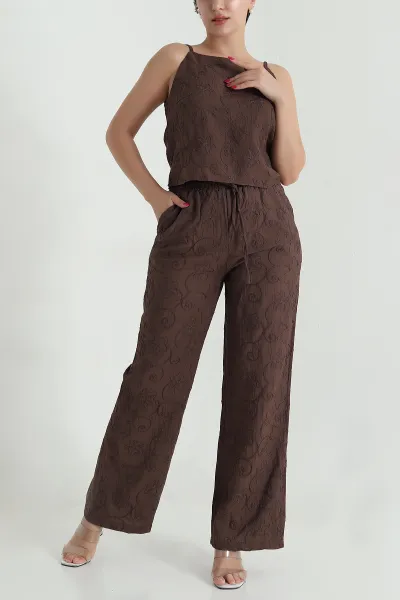 Kahverengi Bluz Pantolon Çilek Kumaş Nakışlı İkili Takım 474357