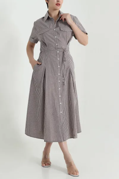 Kahverengi Boydan Düğmeli Poplin Kadın Elbise 470197