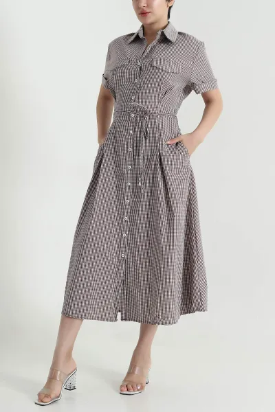 Kahverengi Boydan Düğmeli Poplin Kadın Elbise 470197