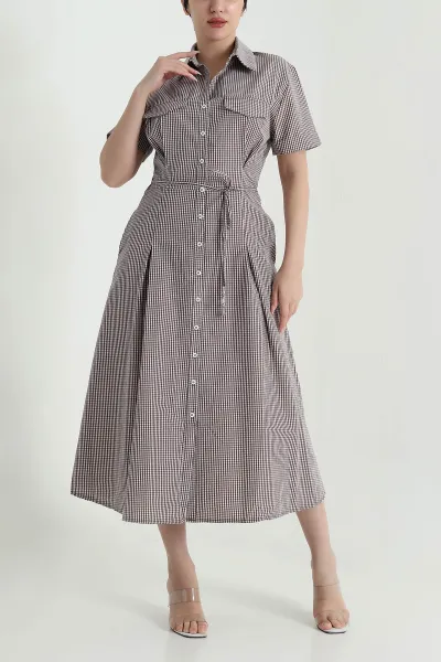 Kahverengi Boydan Düğmeli Poplin Kadın Elbise 470197