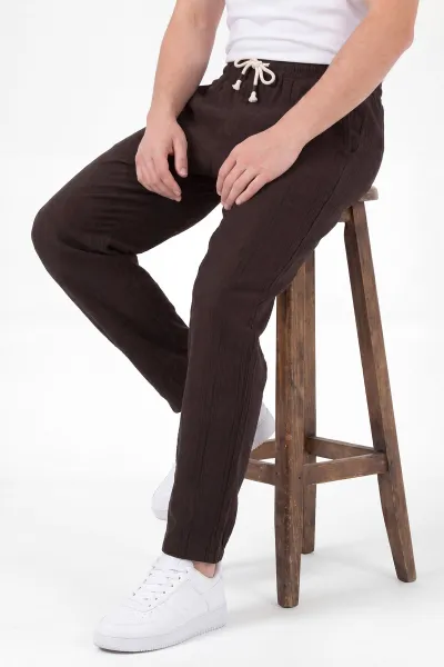 Kahverengi Boyfriend Ham Keten Belden Bağlamalı Erkek Pantolon 459596