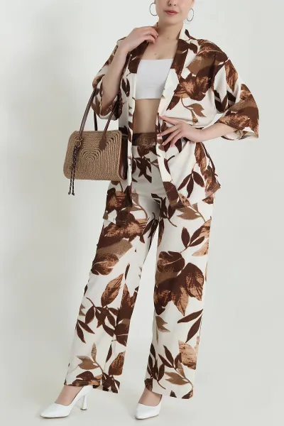 Kahverengi Bürümcük Kimono Kadın İkili Takım 473261