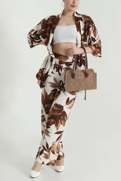 Kahverengi Bürümcük Kimono Kadın İkili Takım 473261