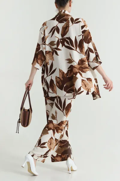 Kahverengi Bürümcük Kimono Kadın İkili Takım 473261