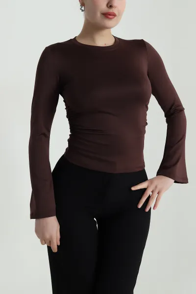 Kahverengi Büzgülü İspanyol Kol Sandy Kadın Bluz 495953