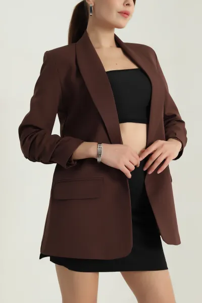 Kahverengi Büzgülü Kol Astarlı Kadın Ceket 387154