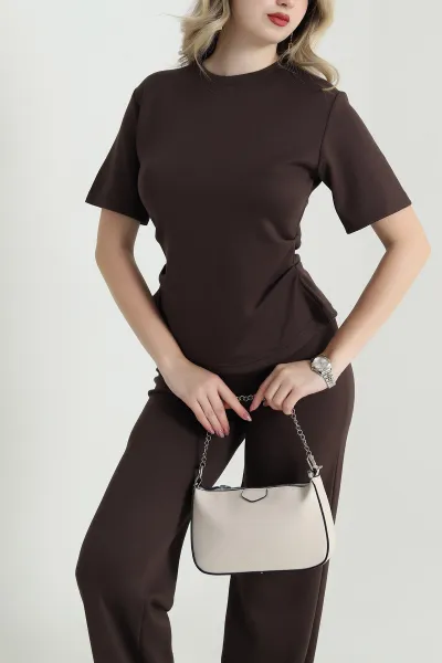 Kahverengi Büzgülü Modal Kumaş Kadın İkili Takım 466238