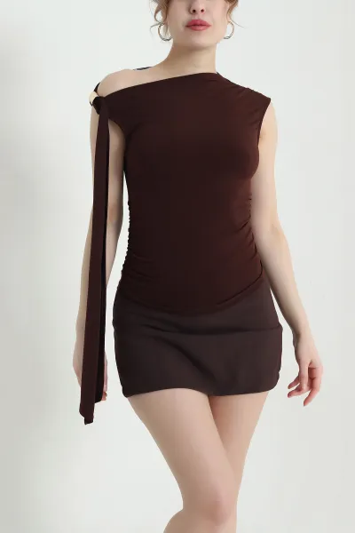Kahverengi Büzgülü Sandy Kadın Bluz 438505