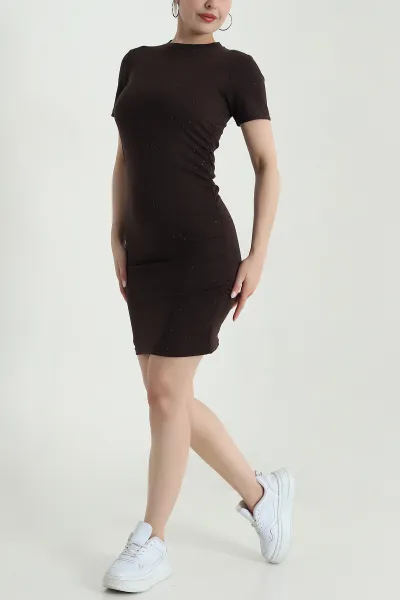 Kahverengi Büzgülü Taşlı Modal Kadın Elbise 472332