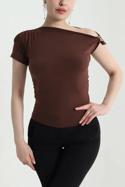 Kahverengi Büzgülü Tokalı Sandy Kadın Bluz 454936