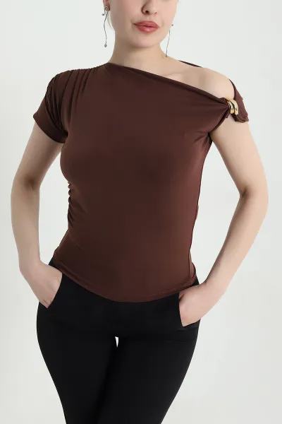 Kahverengi Büzgülü Tokalı Sandy Kadın Bluz 454936