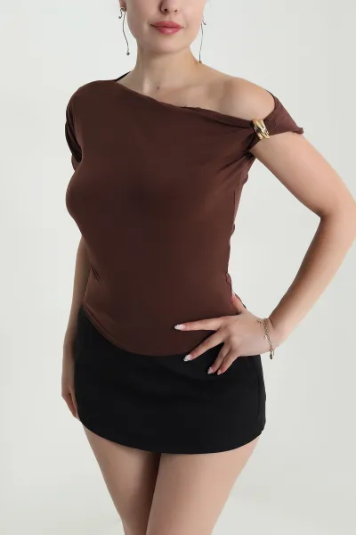 Kahverengi Büzgülü Tokalı Sandy Kadın Bluz 481256