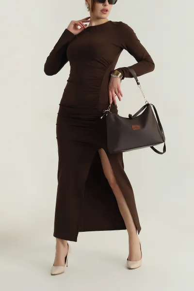 Kahverengi Büzgülü Yırtmaçlı Sandy Kadın Abiye 413855