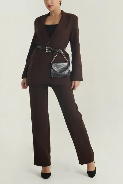 Kahverengi Çantalı Kemerli Kadın Blazer Atlas Ceket 401167