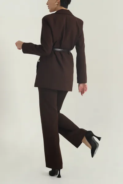 Kahverengi Çantalı Kemerli Kadın Blazer Atlas Ceket 401167
