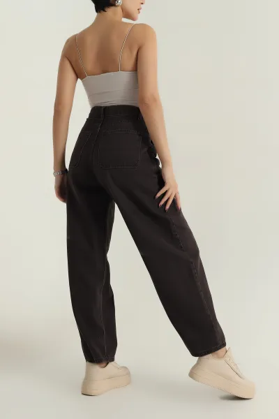 Kahverengi Cepli Baggy Kadın Kot Pantolon 406926