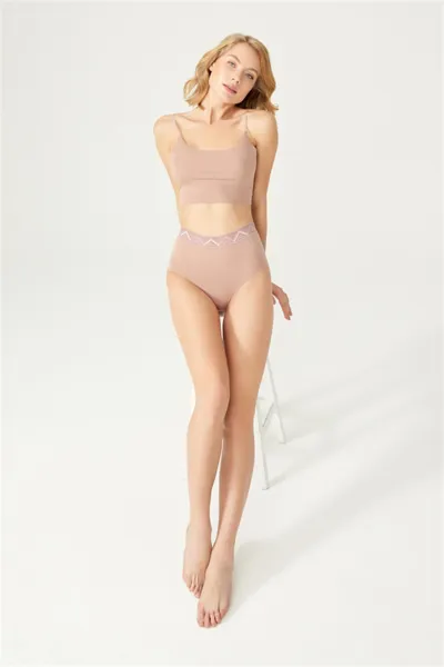 Kahverengi CH4039 Desenli Lastikli Yüksek Bel Lazer Kesim Bikini Külot 237084