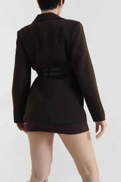 Kahverengi Çift Kemer Astarlı Latina Kadın Blazer Ceket 449544
