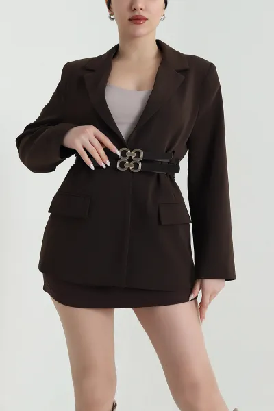 Kahverengi Çift Kemer Astarlı Latina Kadın Blazer Ceket 449544