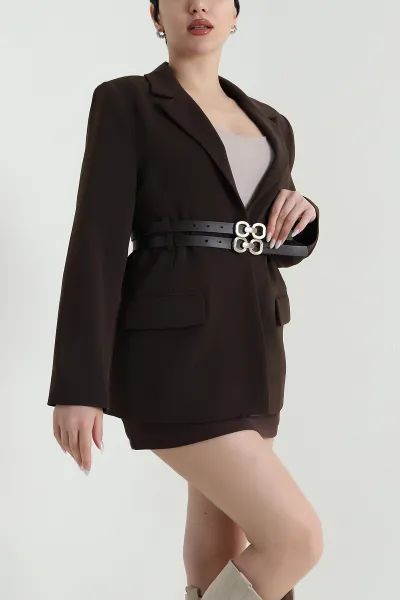 Kahverengi Çift Kemer Astarlı Latina Kadın Blazer Ceket 449544