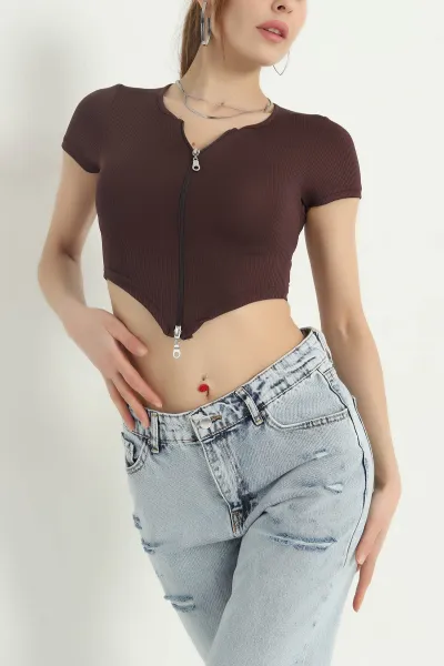 Kahverengi Çift Taraflı Fermuarlı Soft Kadın Bluz 342304