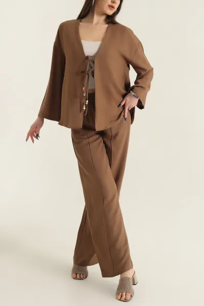 Kahverengi Çimalı Keten Pantolon Bluz İkili Takım 337045