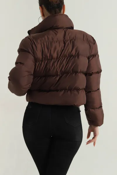 Kahverengi Cırtlı Kol Kadın Şişme Mont 401463
