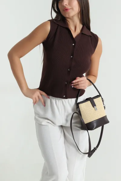 Kahverengi Cıt Cıtlı Polo Yaka Kadın Triko 477784