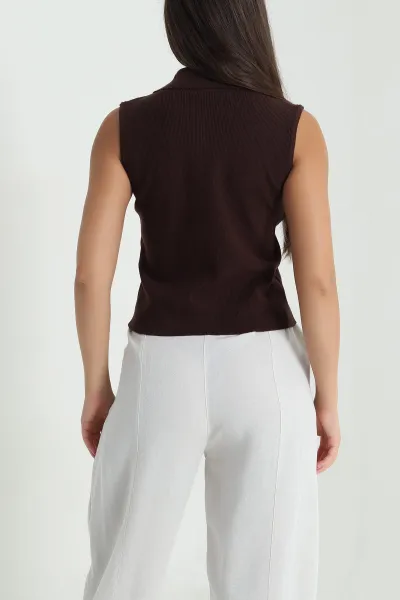 Kahverengi Cıt Cıtlı Polo Yaka Kadın Triko 477784
