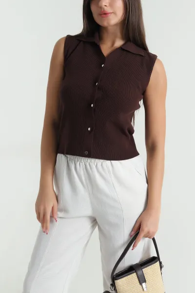 Kahverengi Cıt Cıtlı Polo Yaka Kadın Triko 477784