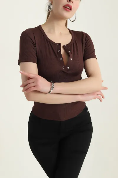 Kahverengi Çıtçıtlı Bürümcük Kadın Bluz 432215