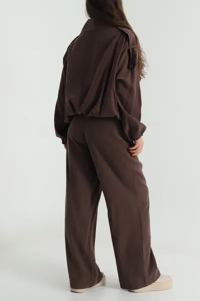 Kahverengi Çıtçıtlı Ceket Pantolon Modal Kadın İkili Takım 489183