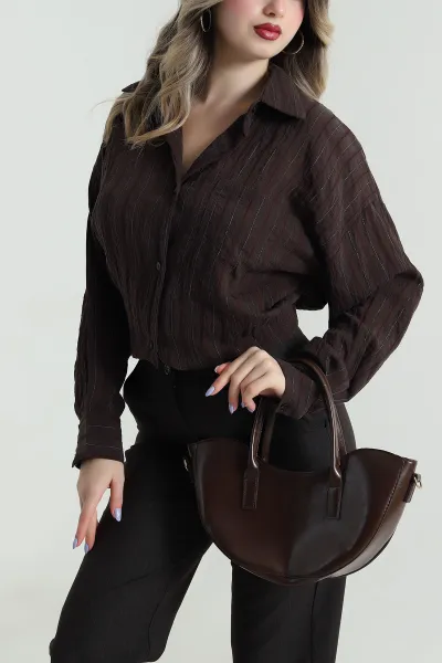 Kahverengi Çizgili Cepli Tencel Kadın Gömlek 493911