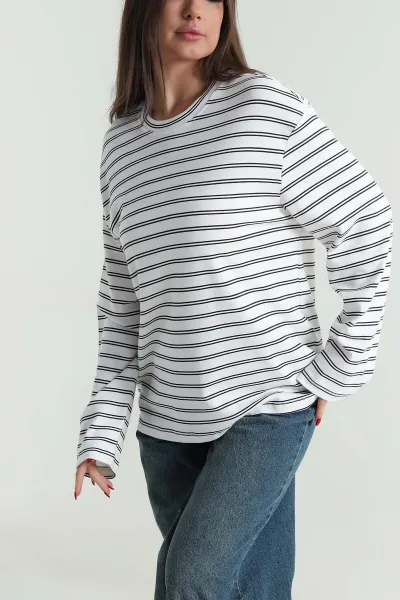Kahverengi Çizgili Likralı Bisiklet Yaka Kadın Sweat 494155