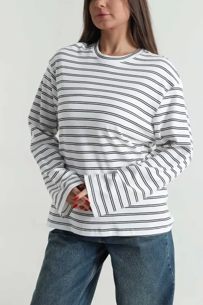 Kahverengi Çizgili Likralı Bisiklet Yaka Kadın Sweat 494155