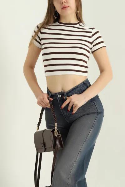 Kahverengi Çizgili Likralı Crop 333897